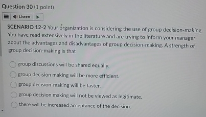  Question 30(1 point) SCENARIO 12-2 Your organization is considering the use