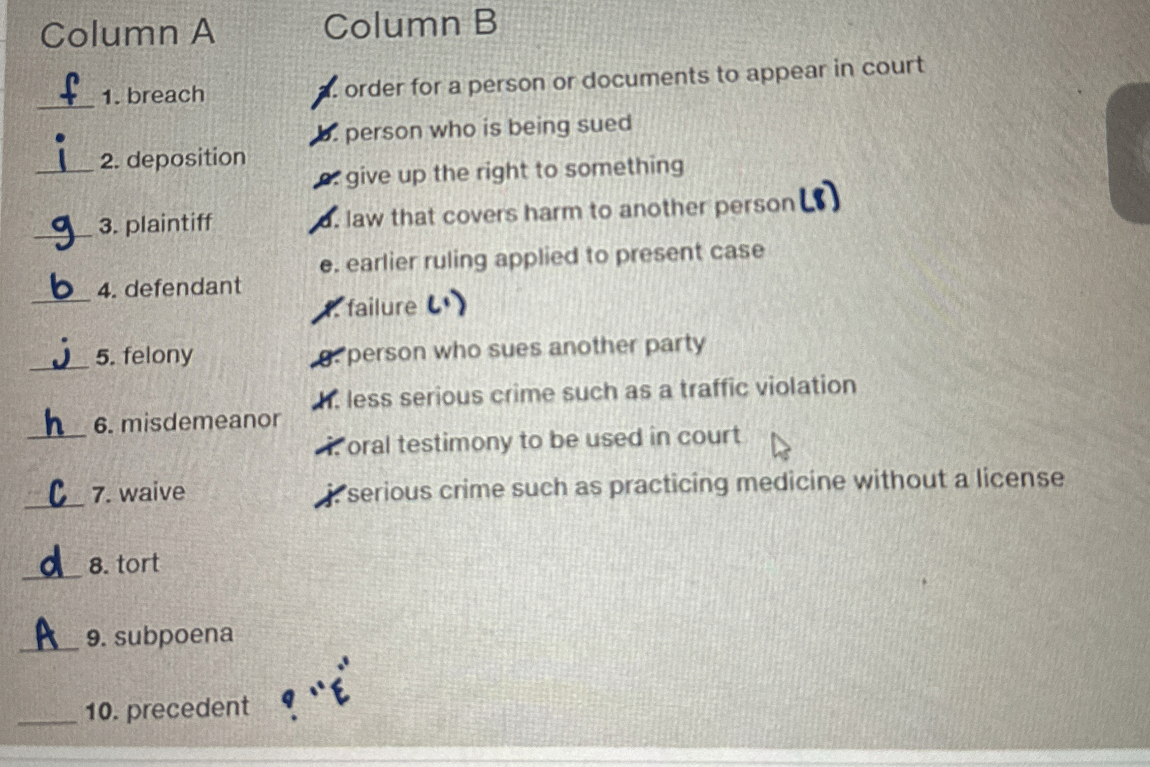  Column A q, breach q, deposition q, plaintiff q, defendant felony