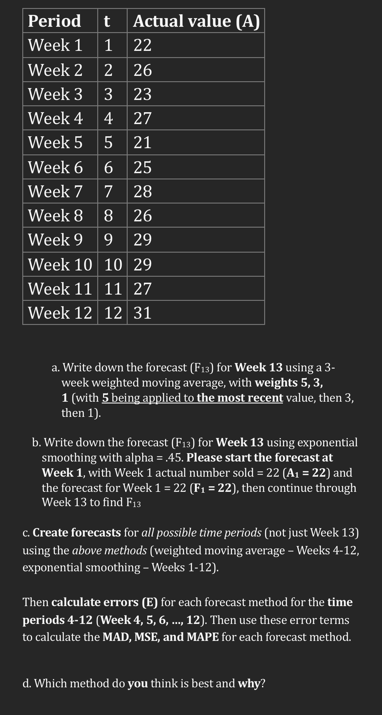  \table[[Period,t,Actual value (A)],[Week 1,1,22],[Week 2,2,26],[Week 3,3,23],[Week 4,4,27],[Week 5,5,21],[Week 6,6,25],[Week 7,7,28],[Week 8,8,26],[Week
