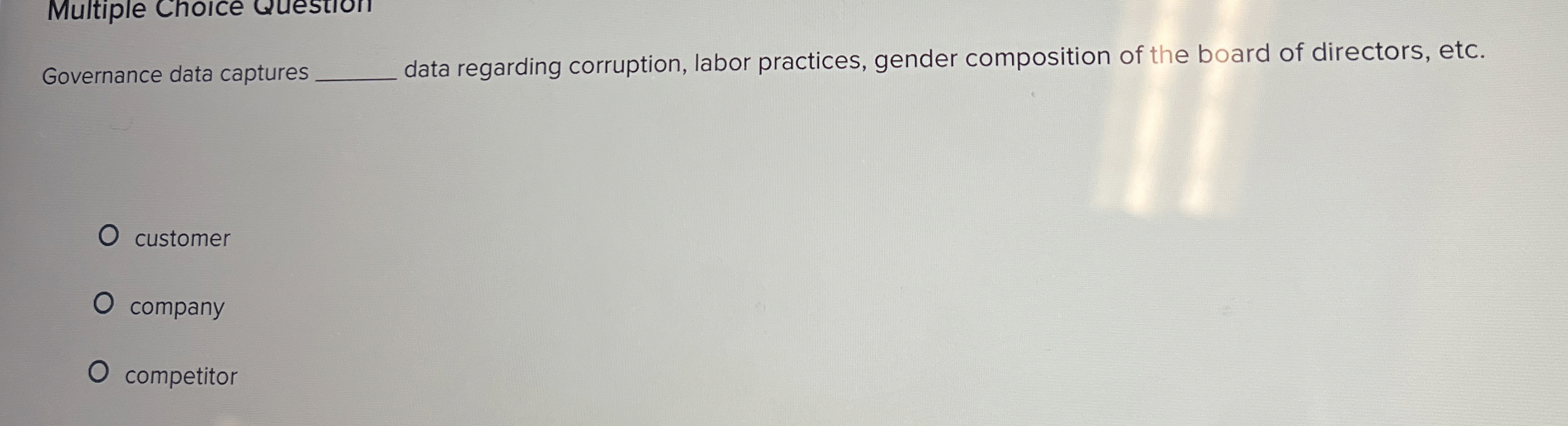  Governance data captures data regarding corruption, labor practices, gender composition of