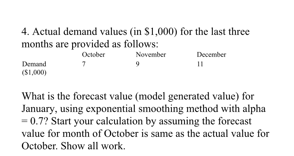  Actual demand values (in $1,000) for the last three months are