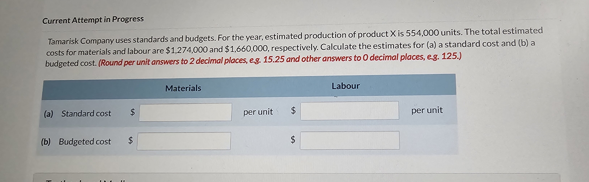  Current Attempt in Progress Tamarisk Company uses standards and budgets. For