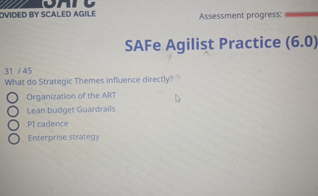  OVIDED BY SCALED AGILE Assessment progress: SAFe Agilist Practice (6.0) 3145