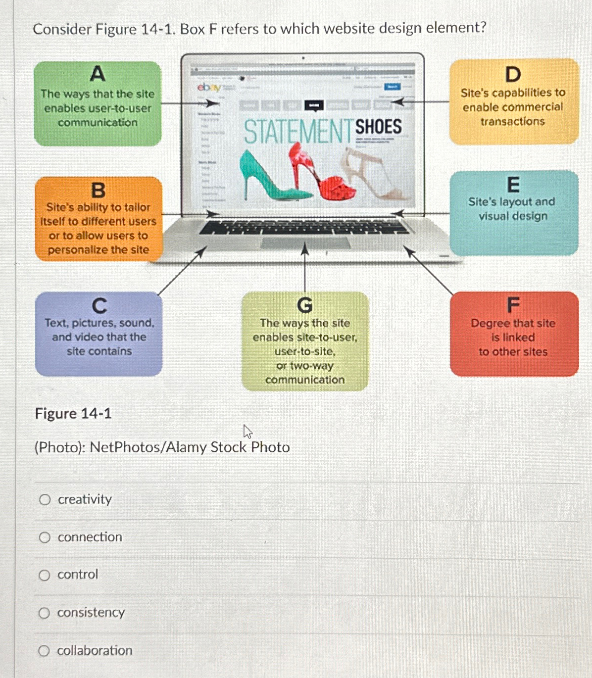 Consider Figure 14-1. Box F refers to which website design element?