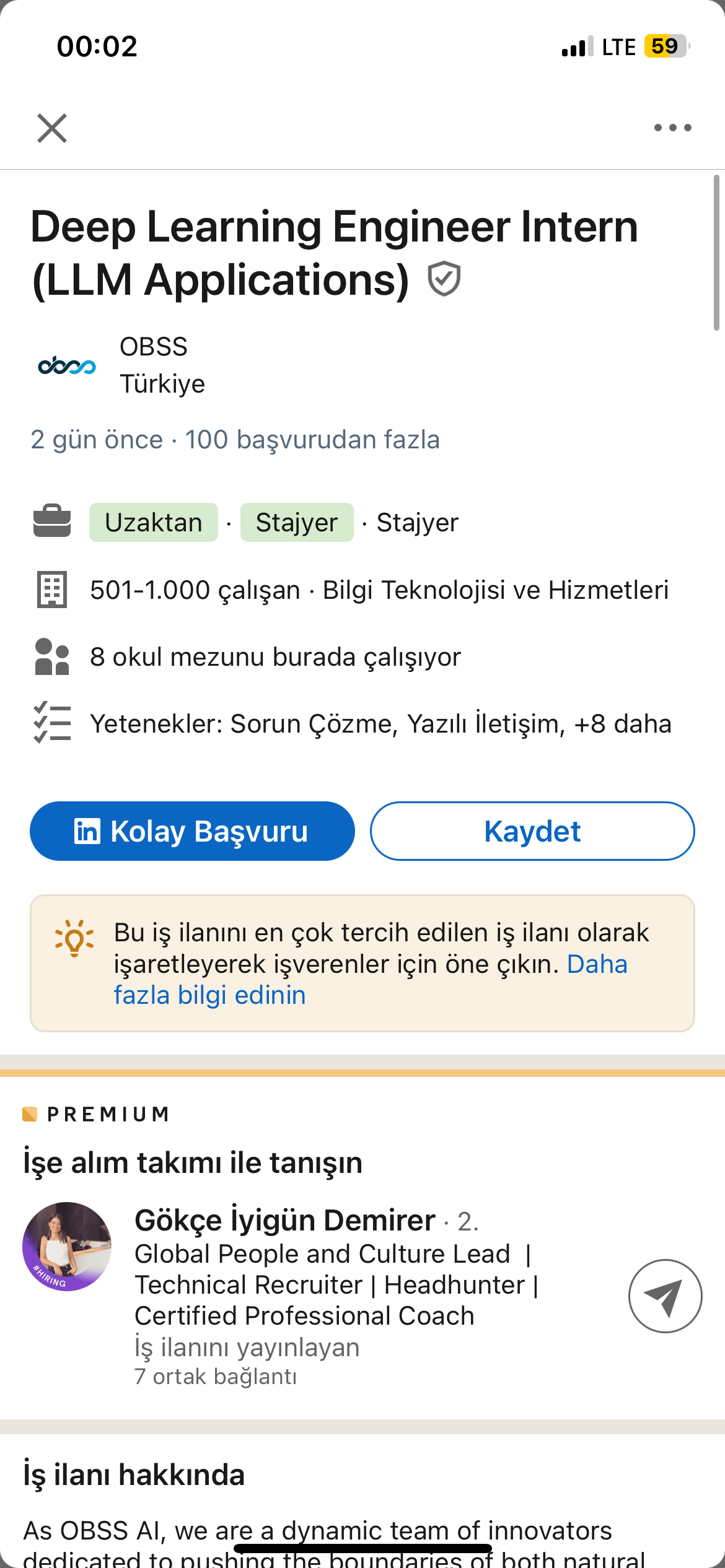  Deep Learning Engineer Intern (LLM Applications) cos OBSS Trkiye 2 gn