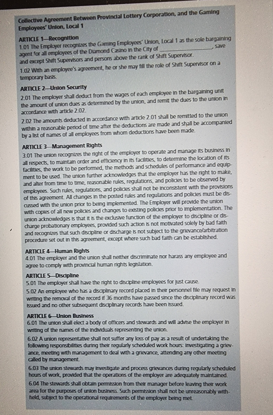  Contract Negotiation Simulation DIAMOND CASINO You will be provided with funther