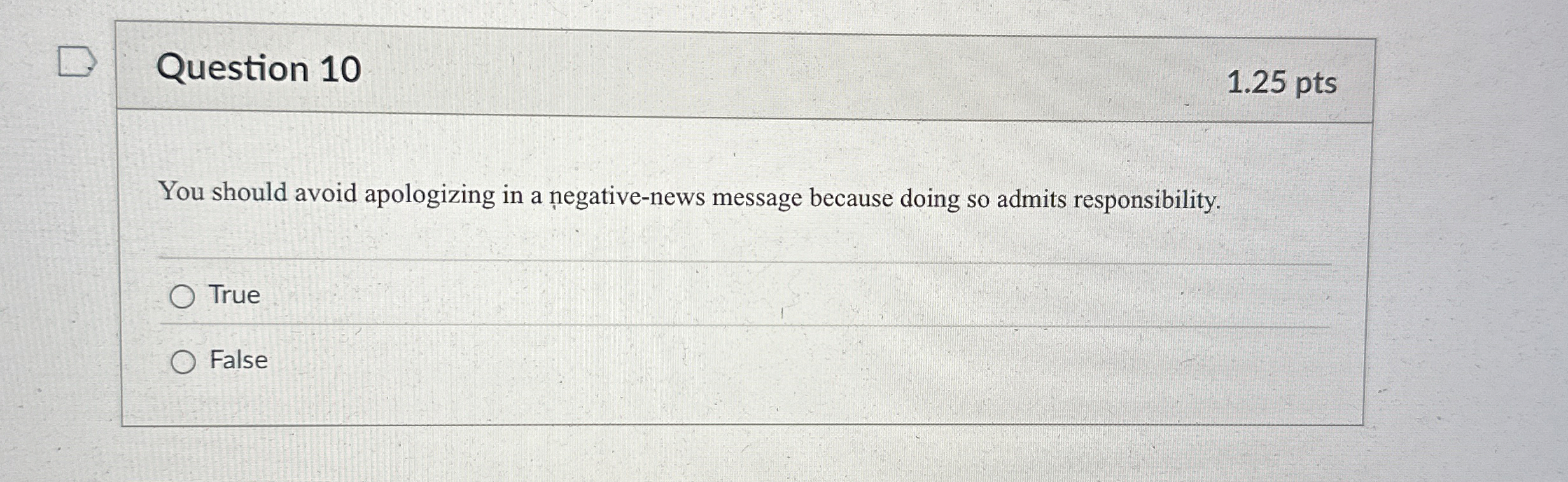  Question 10 You should avoid apologizing in a negative-news message because