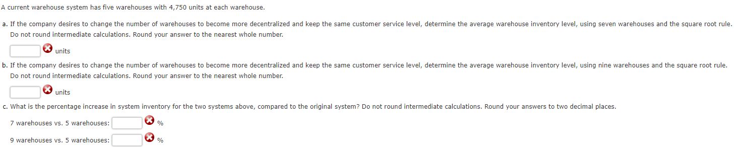  A current warehouse system has five warehouses with 4,750 units at