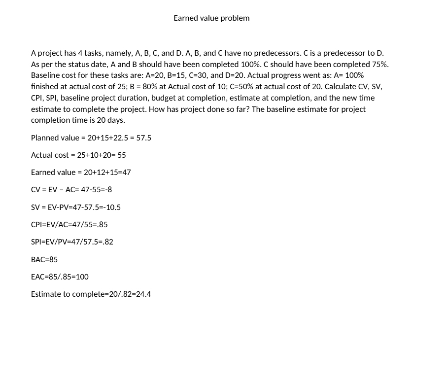  Earned value problem A project has 4 tasks, namely, A, B,