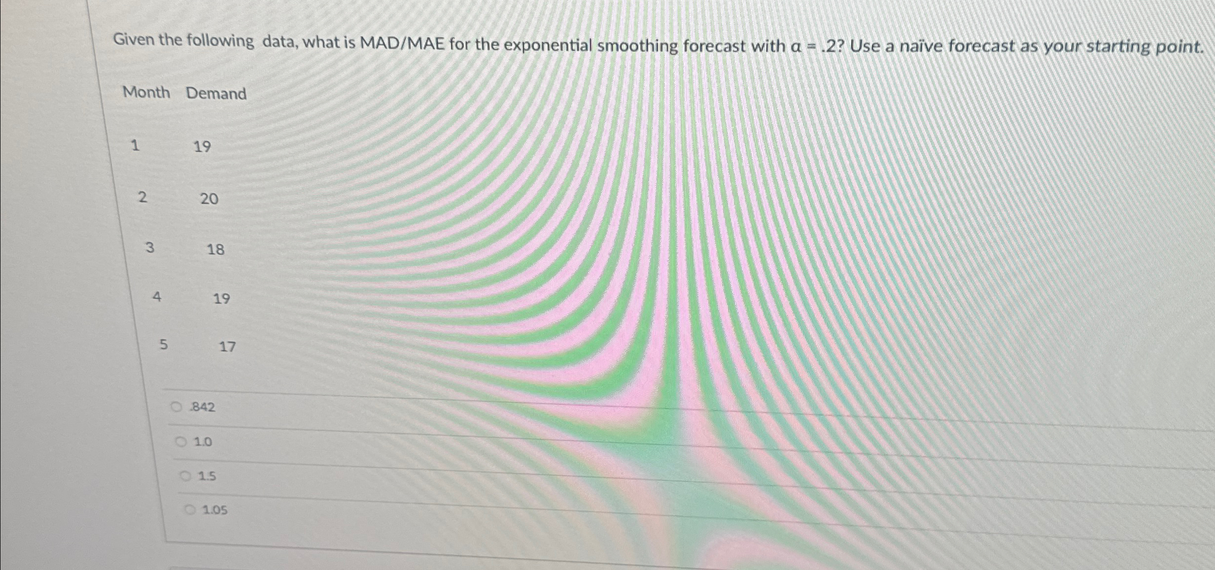  Given the following data, what is MAD/MAE for the exponential smoothing
