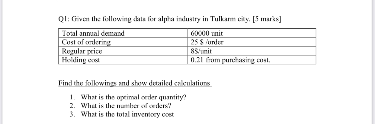  Q1: Given the following data for alpha industry in Tulkarm city.
