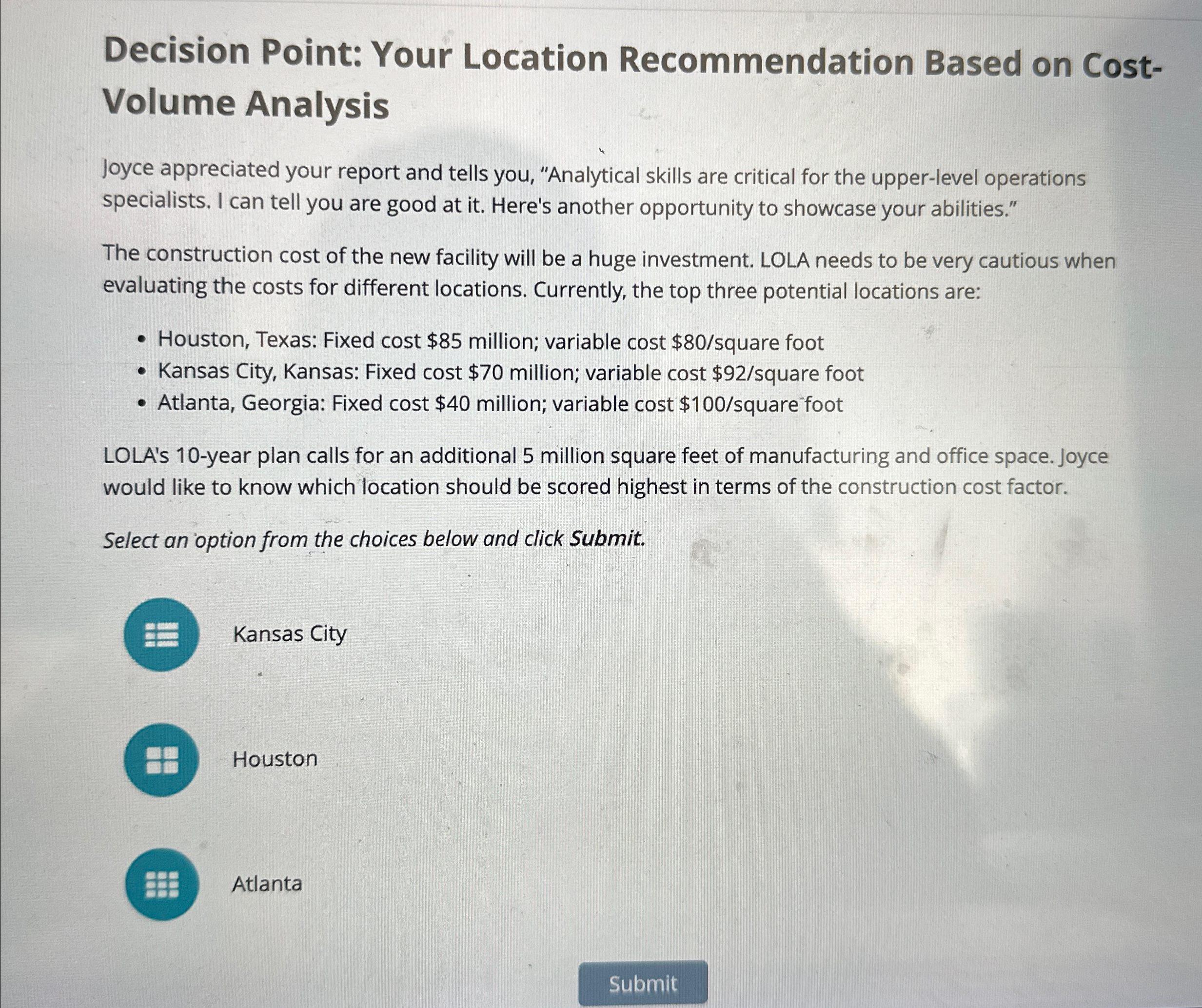  Decision Point: Your Location Recommendation Based on CostVolume Analysis Joyce appreciated