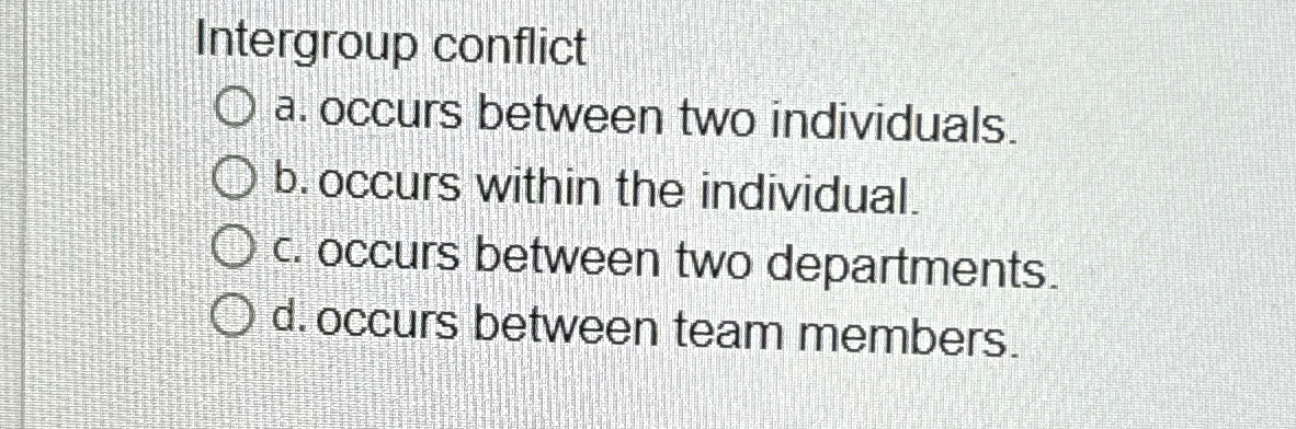  Intergroup conflict a. occurs between two individuals. b. occurs within the