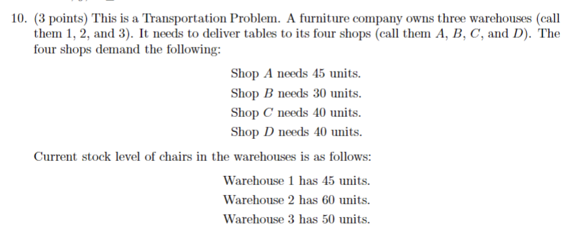  (3 points) This is a Transportation Problem. A furniture company owns