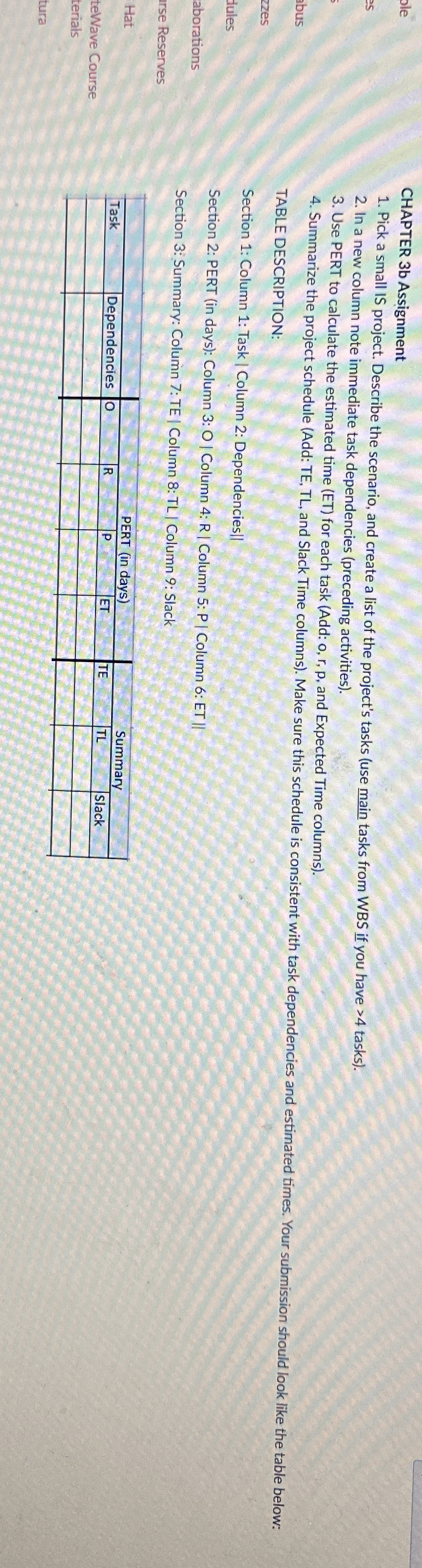  CHAPTER 3b Assignment Pick a small IS project. Describe the scenario,