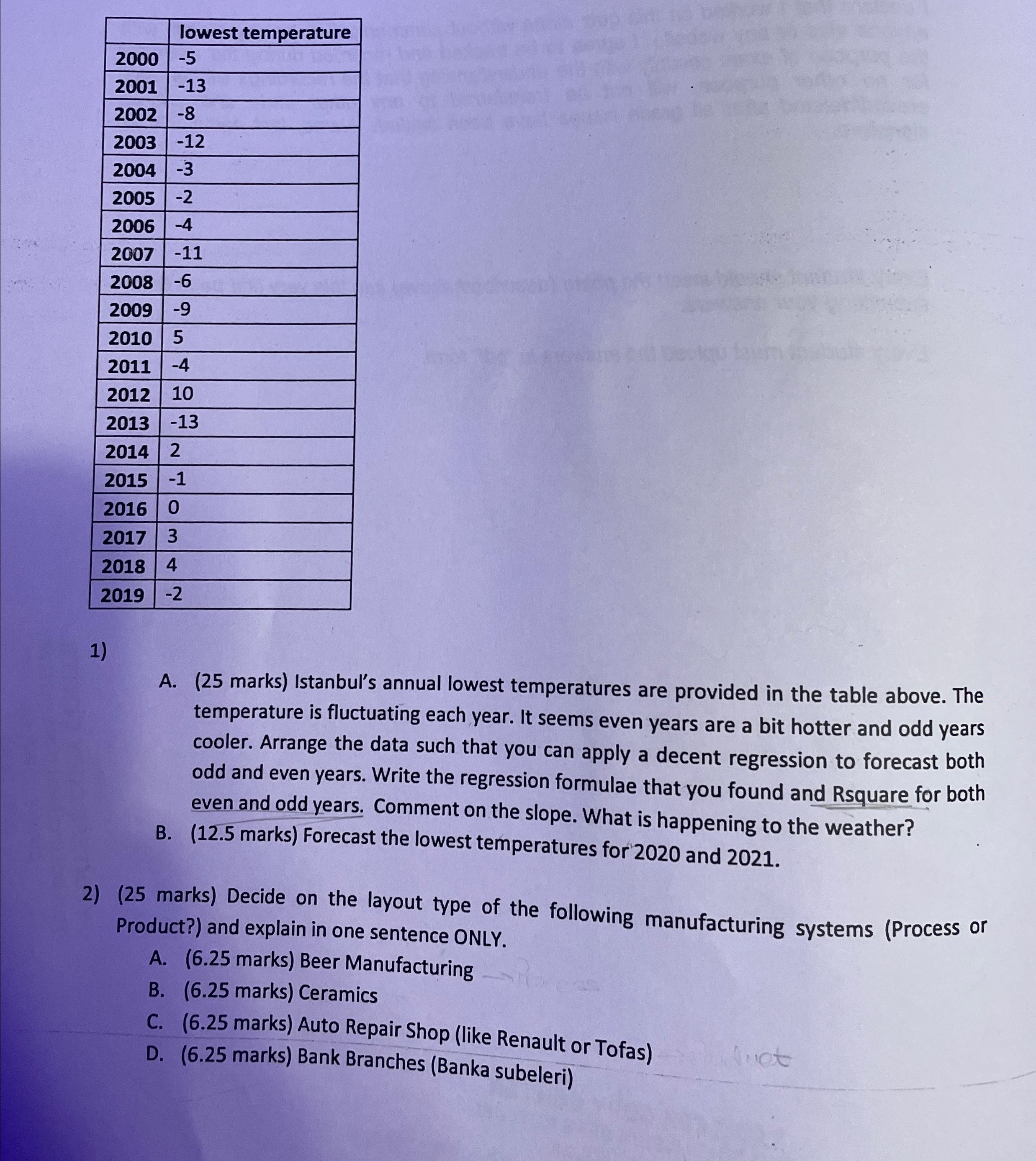  \table[[,lowest temperature],[2000,-5],[2001,-13],[2002,-8],[2003,-12],[2004,-3],[2005,-2],[2006,-4],[2007,-11],[2008,-6],[2009,-9],[2010,5],[2011,-4],[2012,10],[2013,-13],[2014,2],[2015,-1],[2016,0],[2017,3],[2018,4],[2019,-2]] A.(25 marks) Istanbul's annual lowest temperatures are provided in