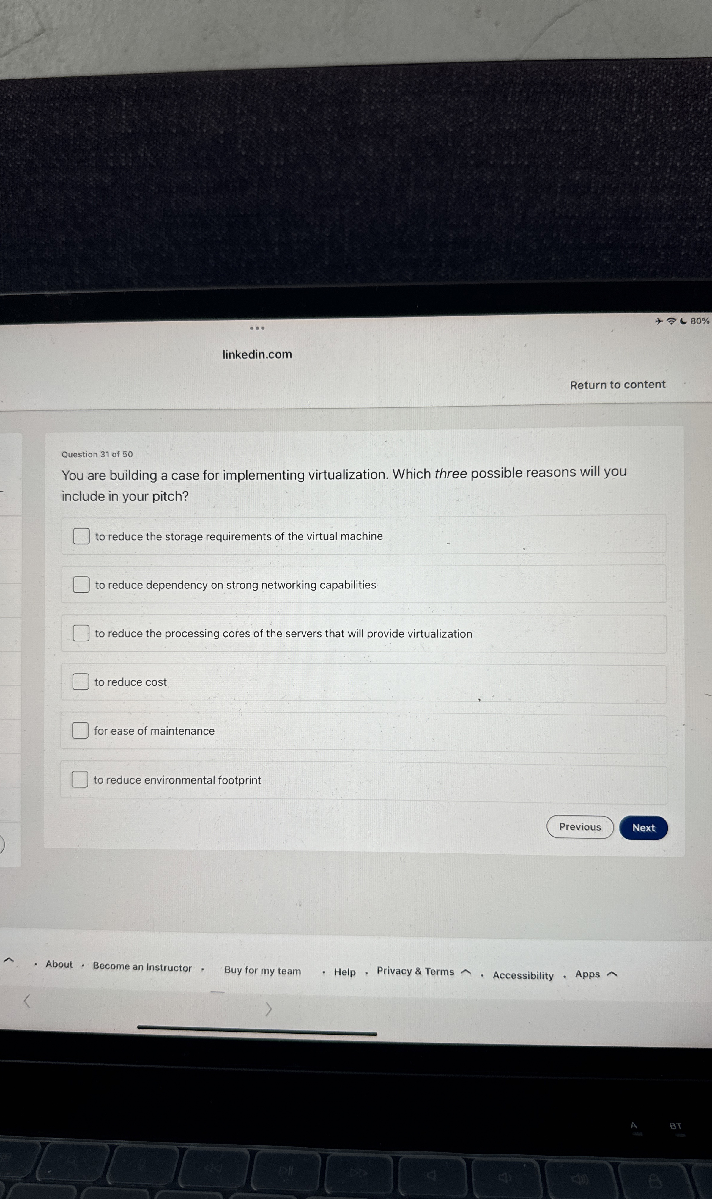  linkedin.com 80% Return to content Question 31 of 50 You are