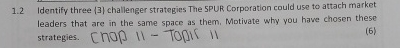  1.2 Identify three {3} challenger strategies The SPUR Corporation could use