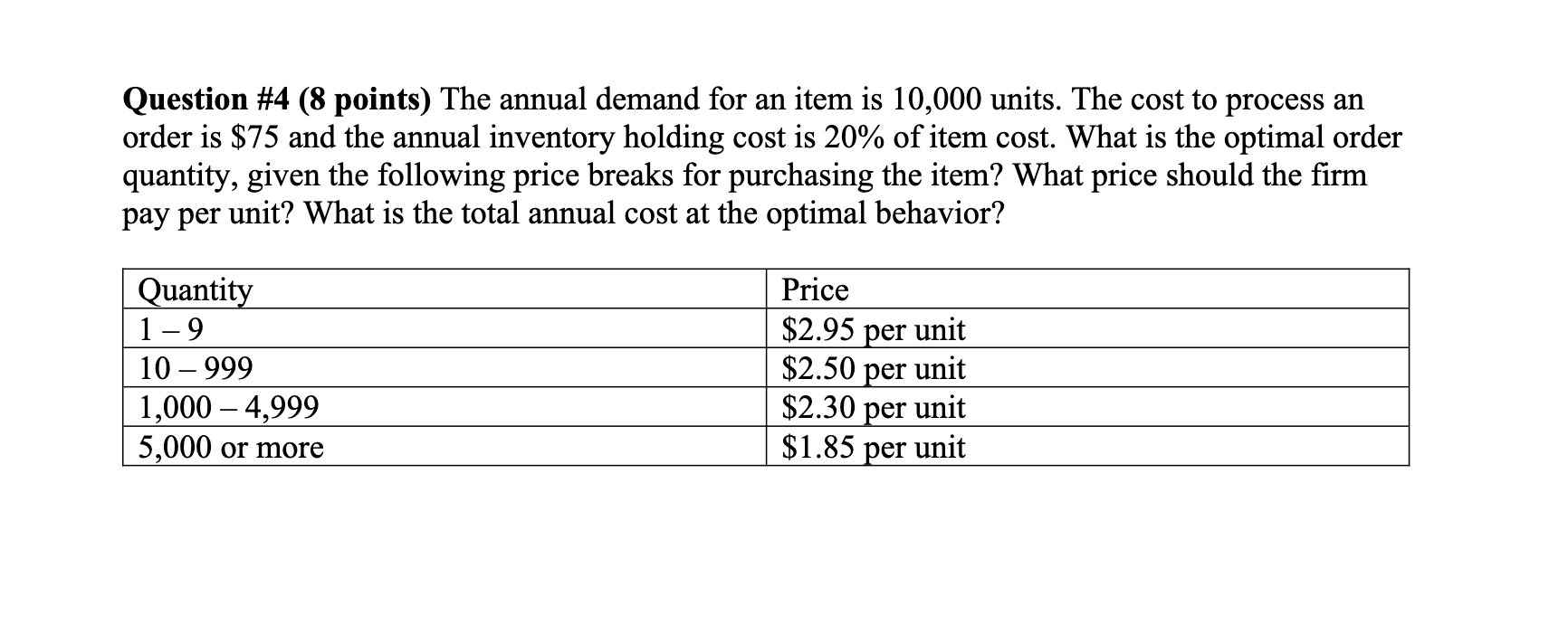  4. Question #4(8 points) The annual demand for an item is