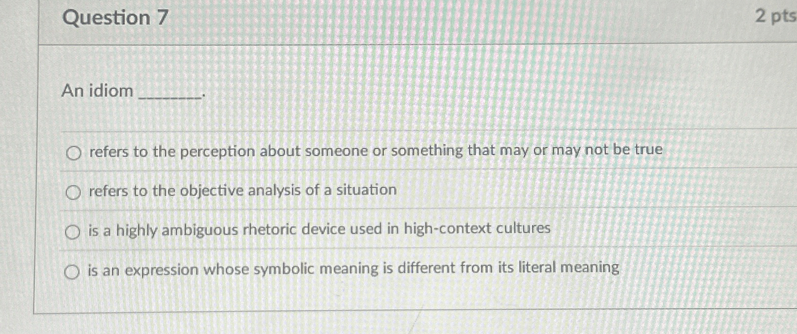  Question 7 An idiom refers to the perception about someone or
