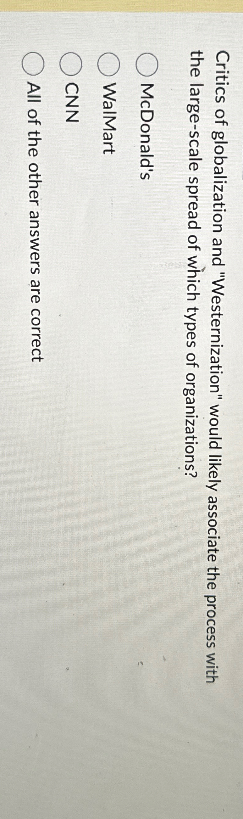  Critics of globalization and "Westernization" would likely associate the process with