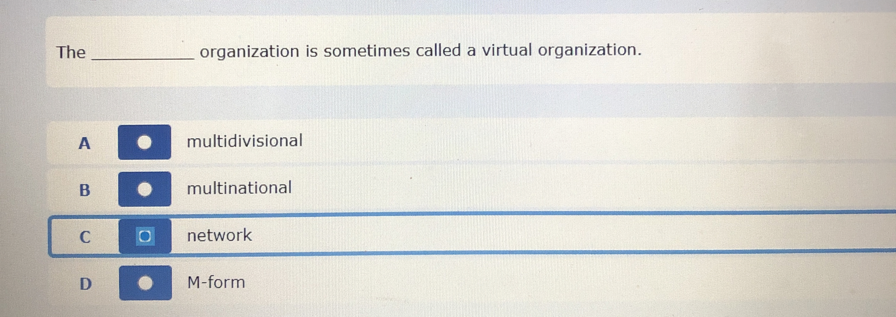  The organization is sometimes called a virtual organization. A multidivisional B