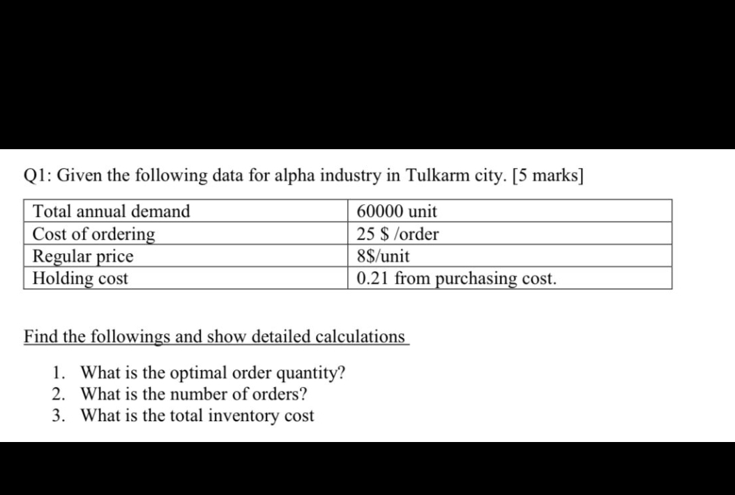  Q1: Given the following data for alpha industry in Tulkarm city.