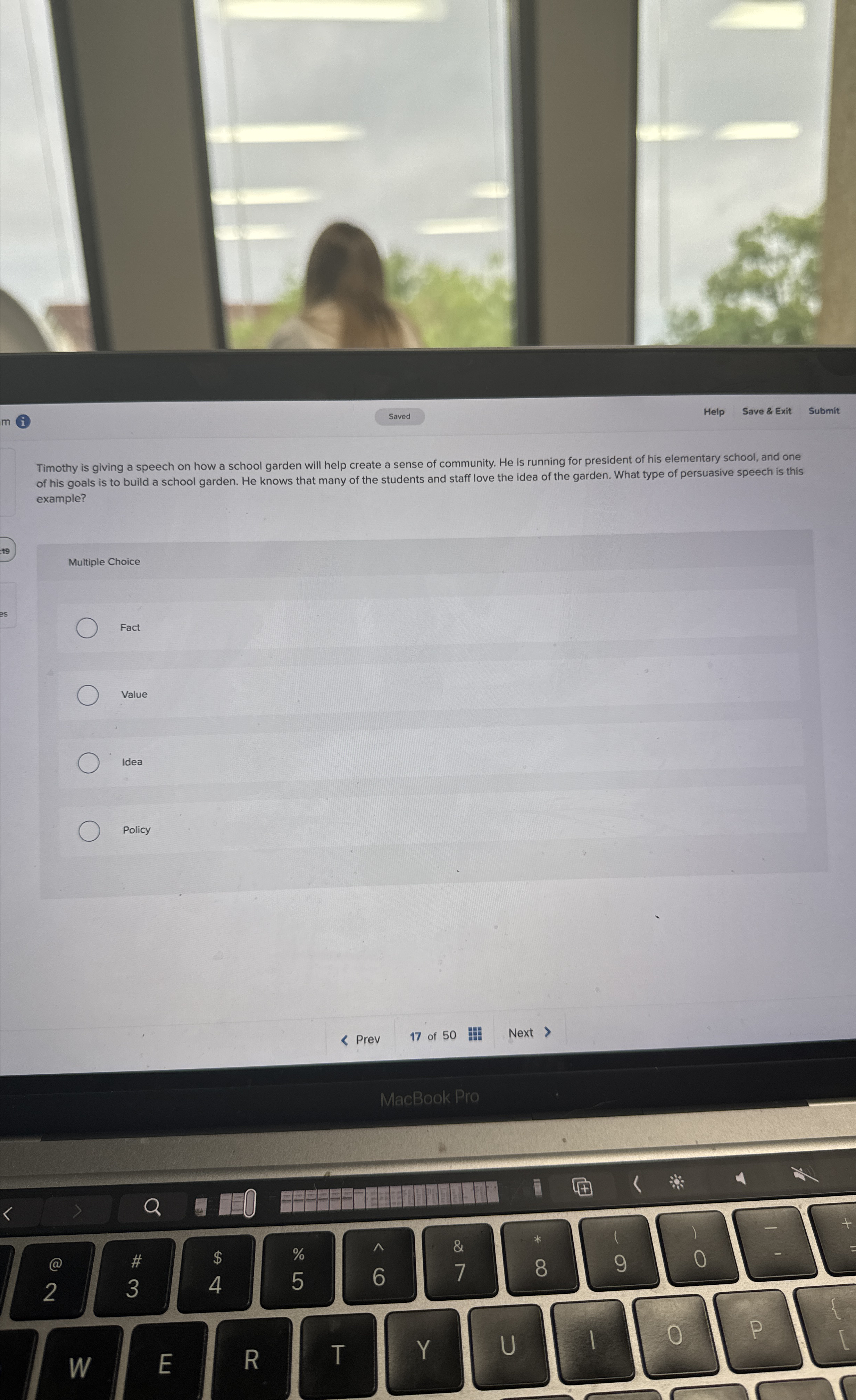  (i) Help Save & Exit Submit Timothy is giving a speech