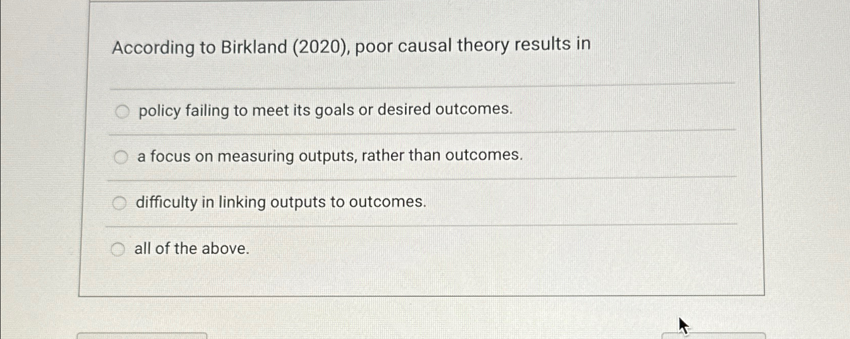  According to Birkland (2020), poor causal theory results in policy failing