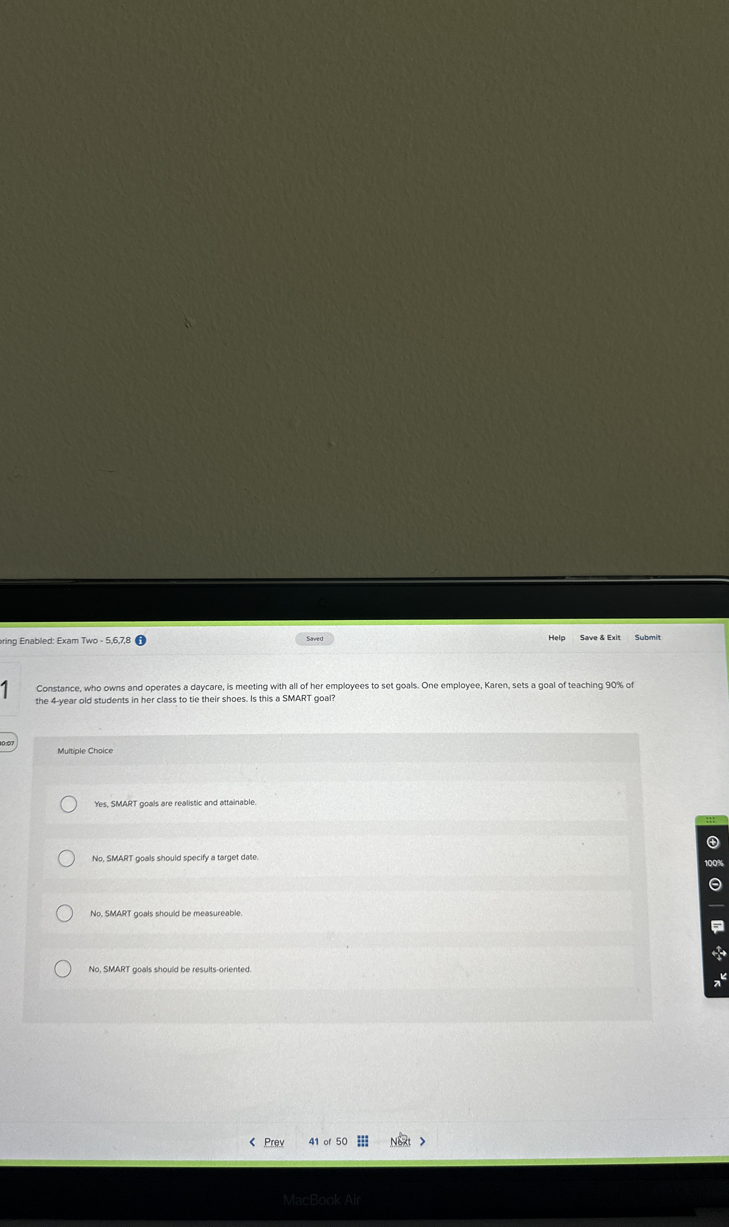  pring Enabled: Exam Two -5,6,7,8 i Help Save & Exit Submit