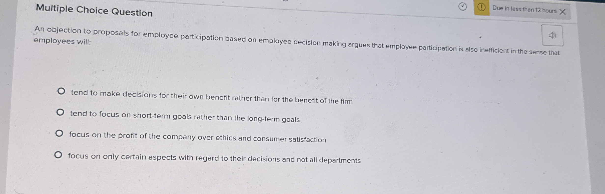  Multiple Choice Question Due in less than 12 hours An objection