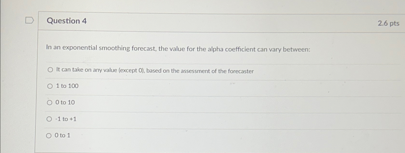  Question 4 2.6pts In an exponential smoothing forecast, the value for