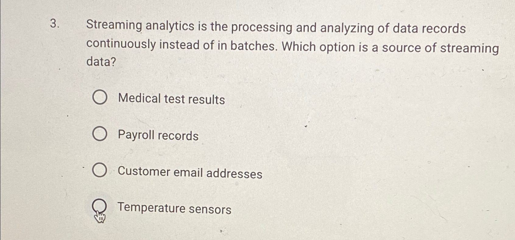  Streaming analytics is the processing and analyzing of data records continuously
