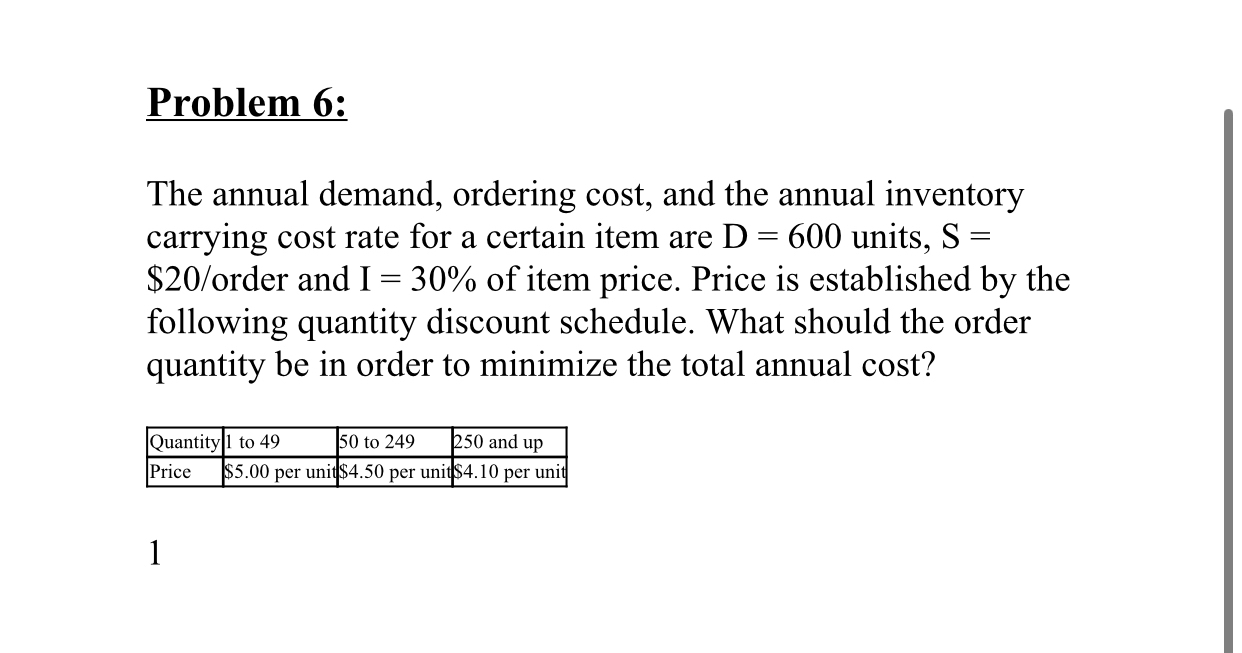  Problem 6: The annual demand, ordering cost, and the annual inventory