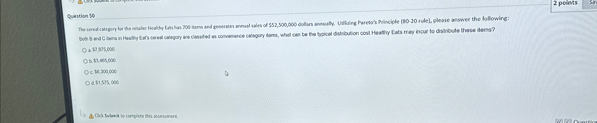  Question 50 2 points Sal The cereal category for the retailer
