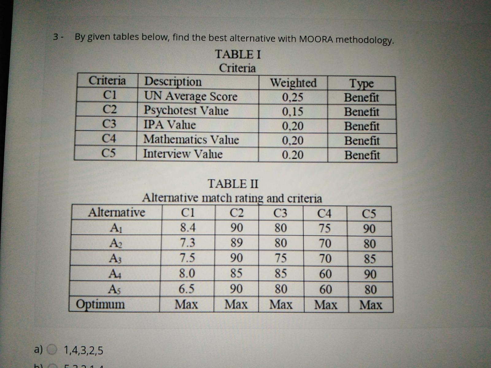  3- By given tables below, find the best alternative with MOORA
