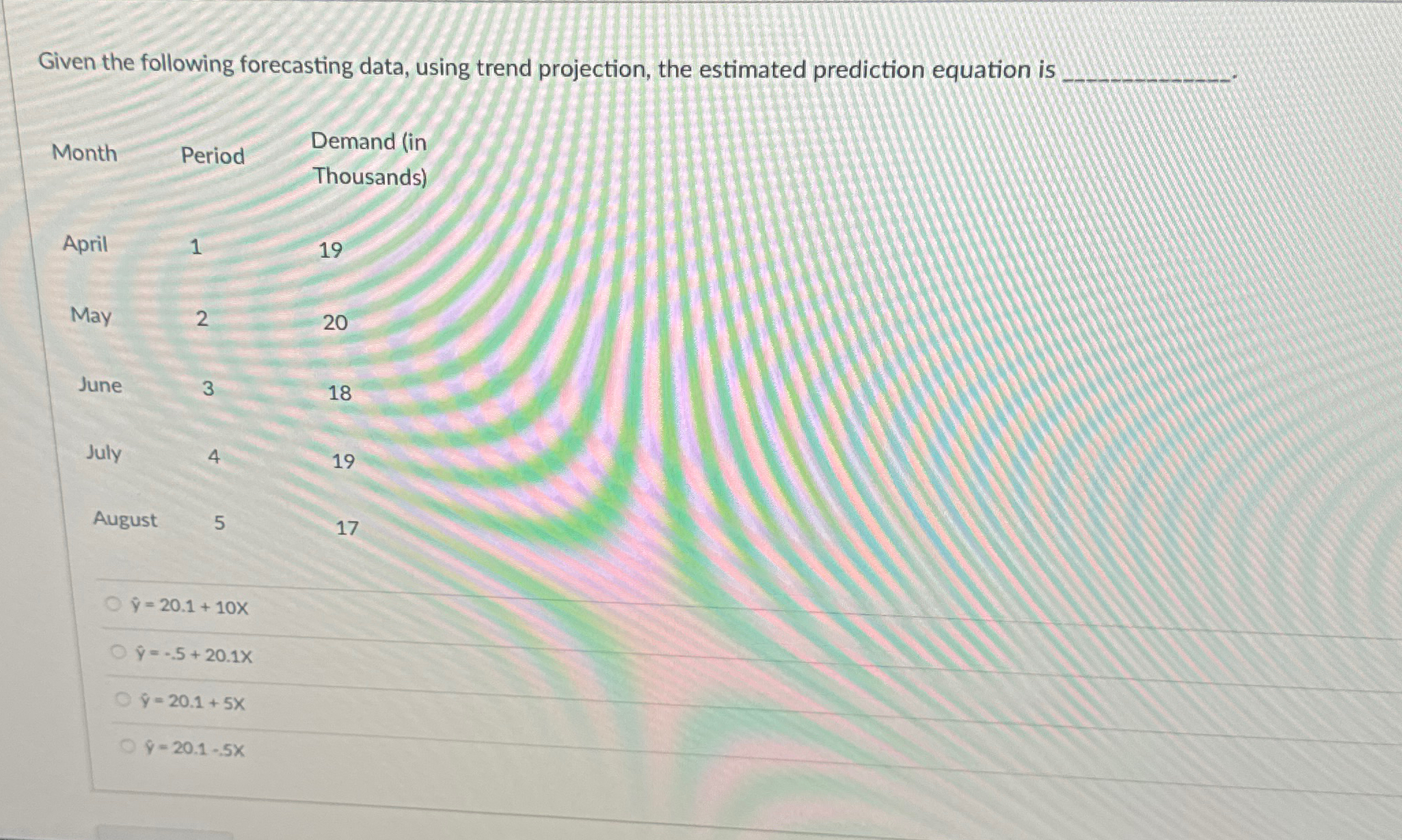  Given the following forecasting data, using trend projection, the estimated prediction