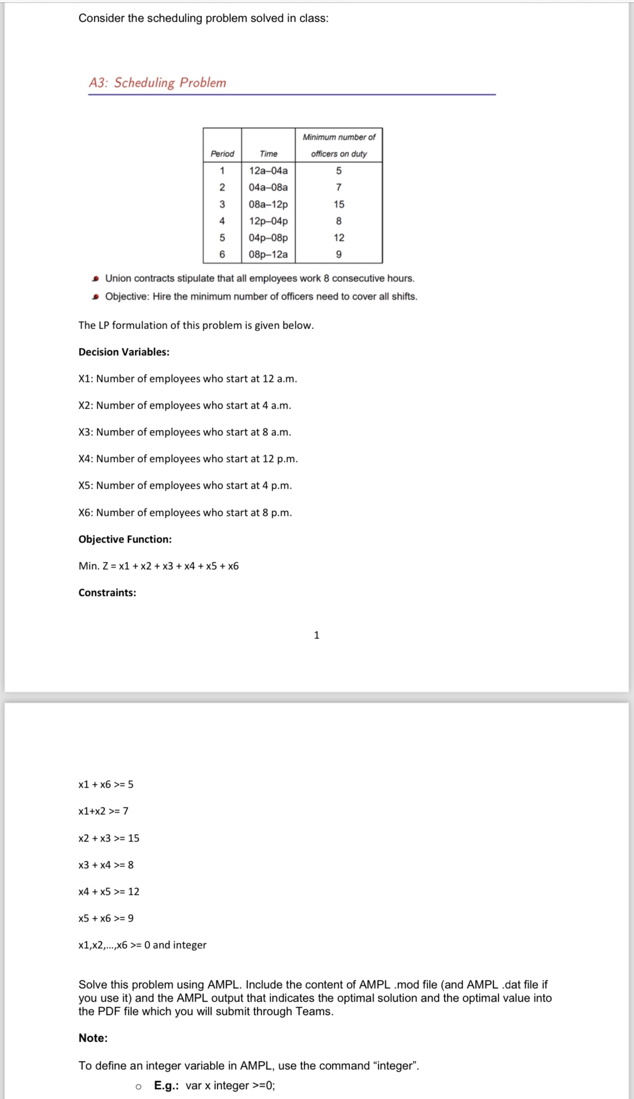  Consider the scheduling problem solved in class: A3: Scheduling Problem \table[[Period,Time,\table[[Minimum