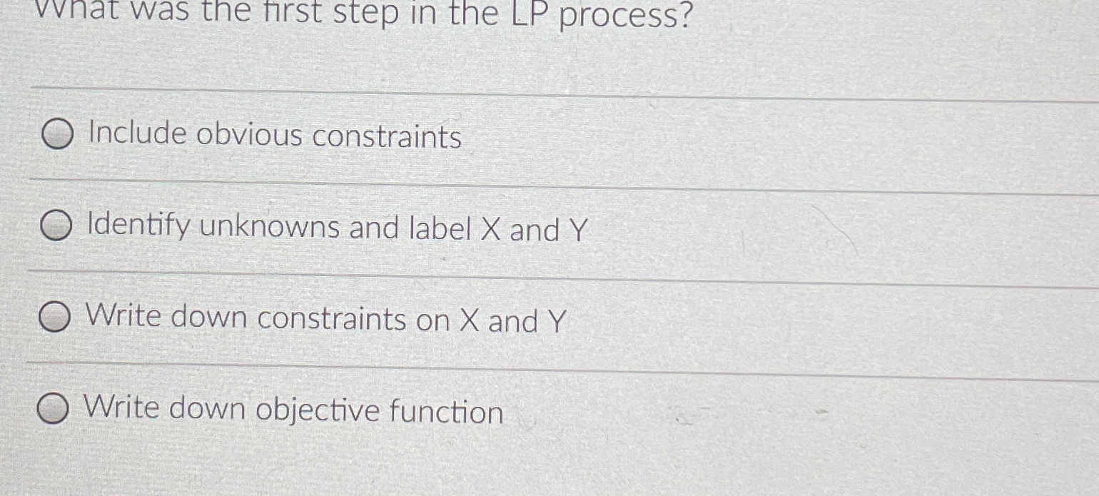  Vnat was the first step in the LP process? Include obvious