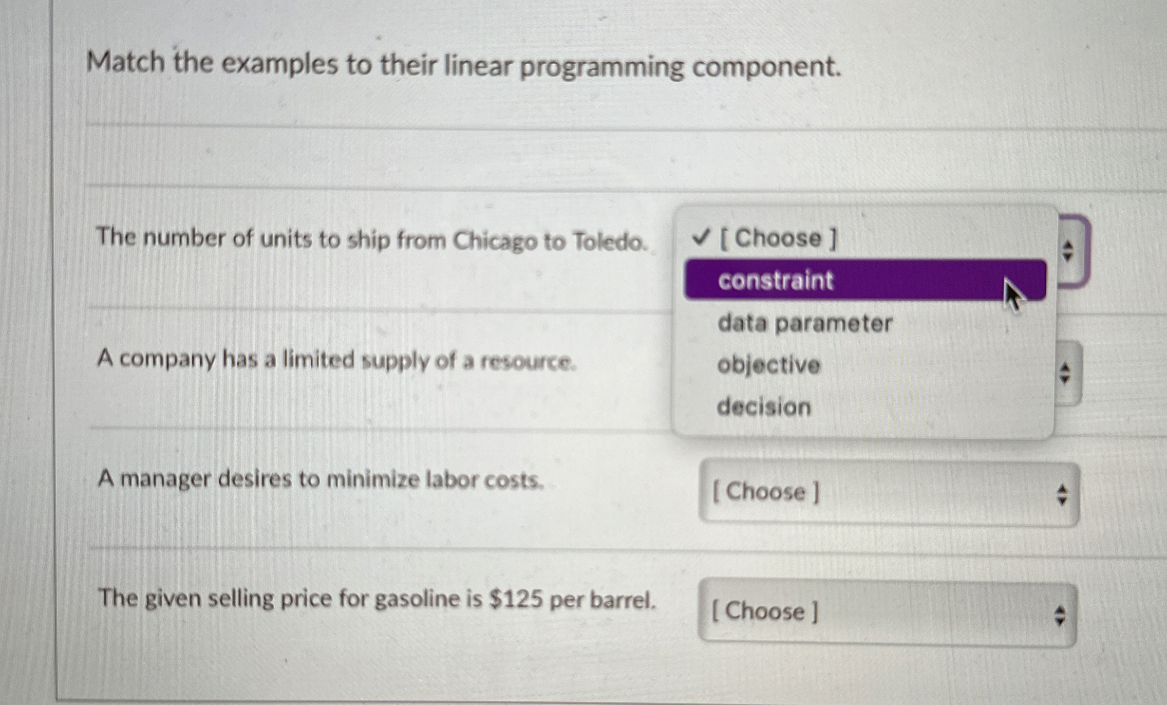  Match the examples to their linear programming component. The number of