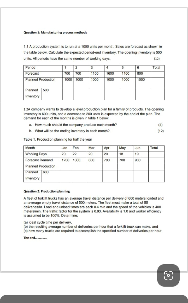  Question 1: Manufacturing process methods 1.1 A production system is to