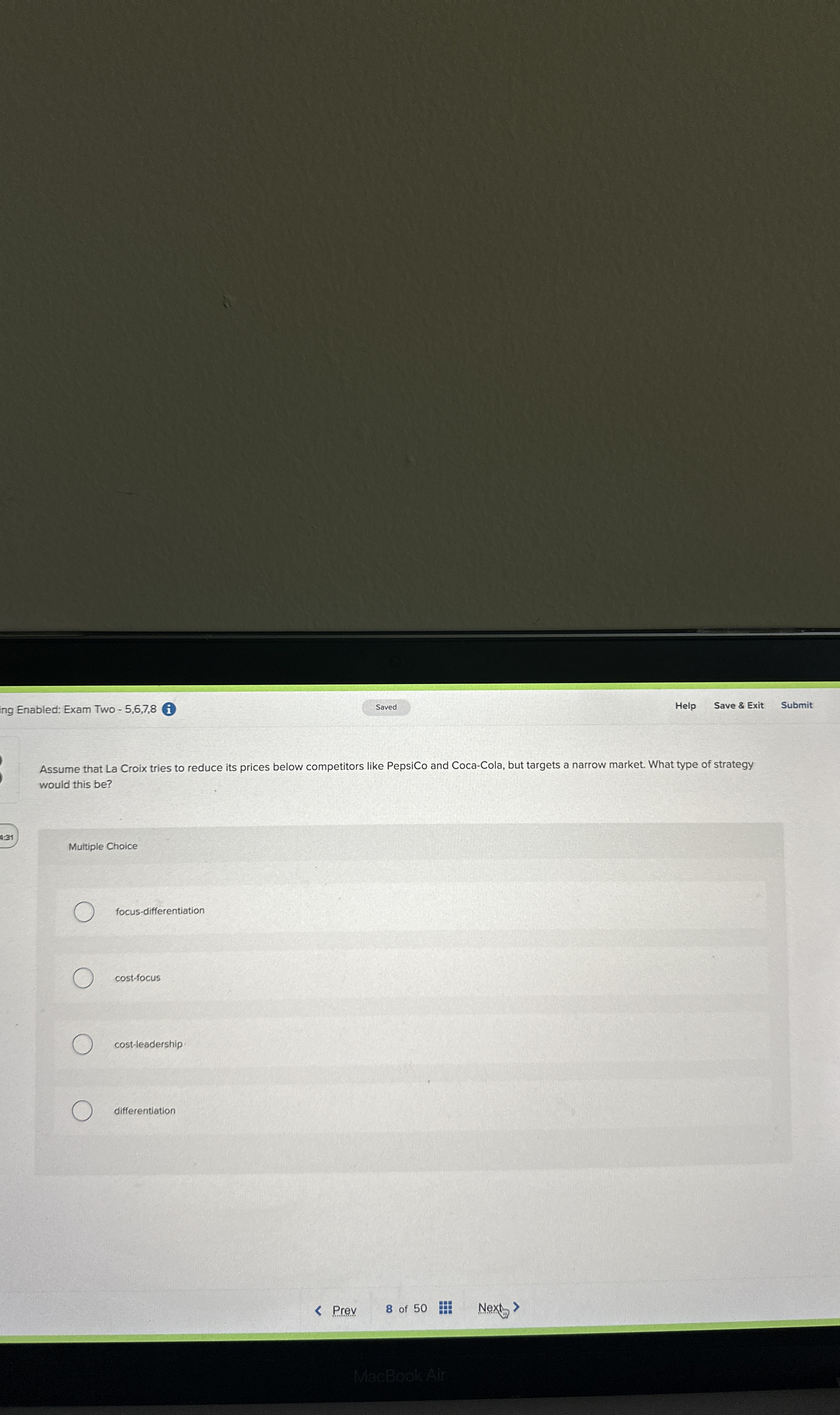  Ing Enabled: Exam Two -5,6,7,8(1 Saved Help Save & Exit Submit