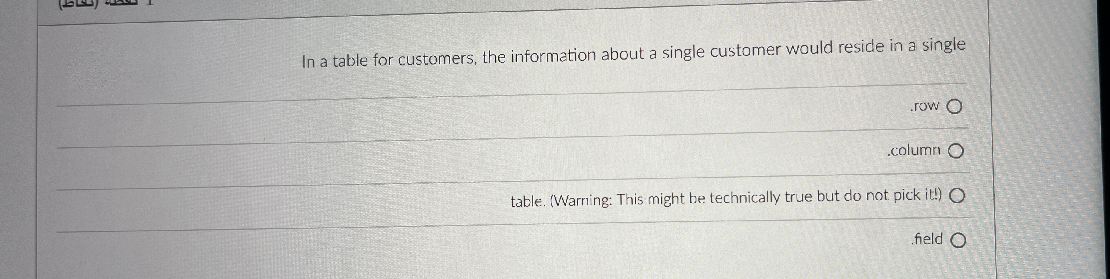  In a table for customers, the information about a single customer