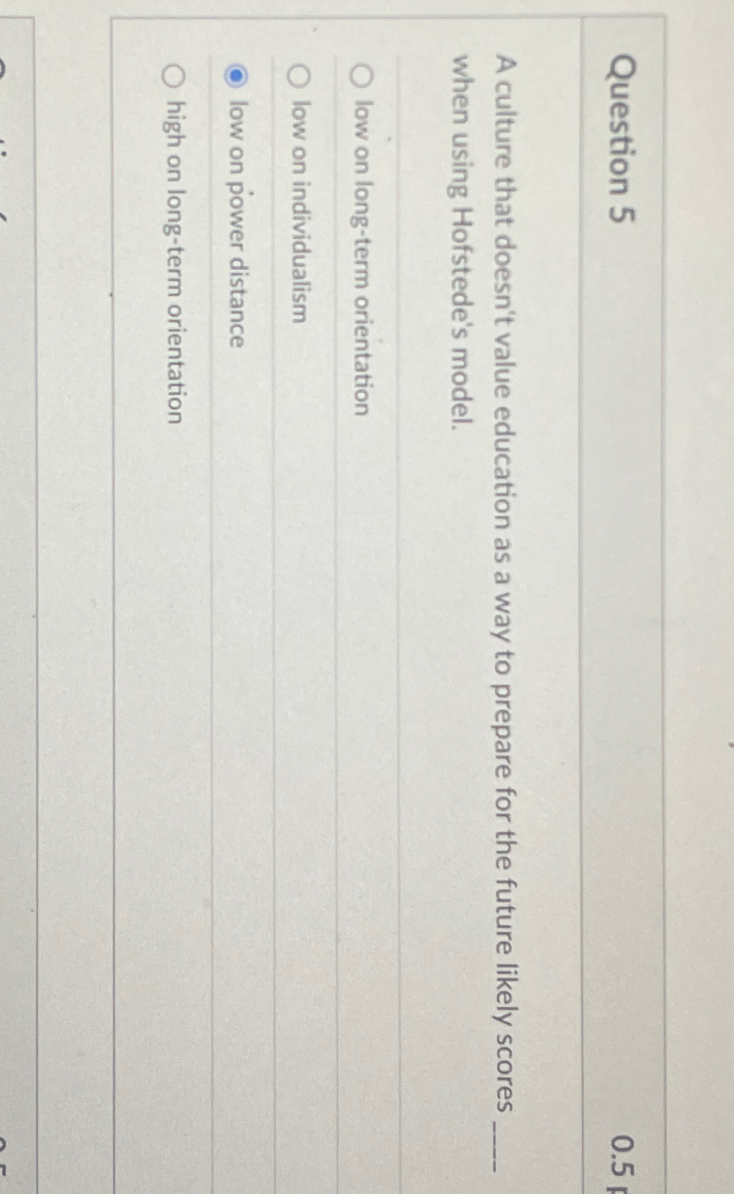  Question 5 0.5 A culture that doesn't value education as a