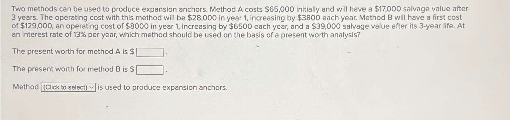  Two methods can be used to produce expansion anchors. Method A