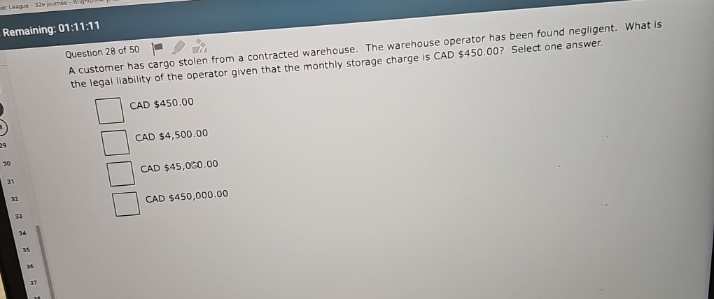  Remaining: 01:11:11 Question 28 of 50 the legal liability of the