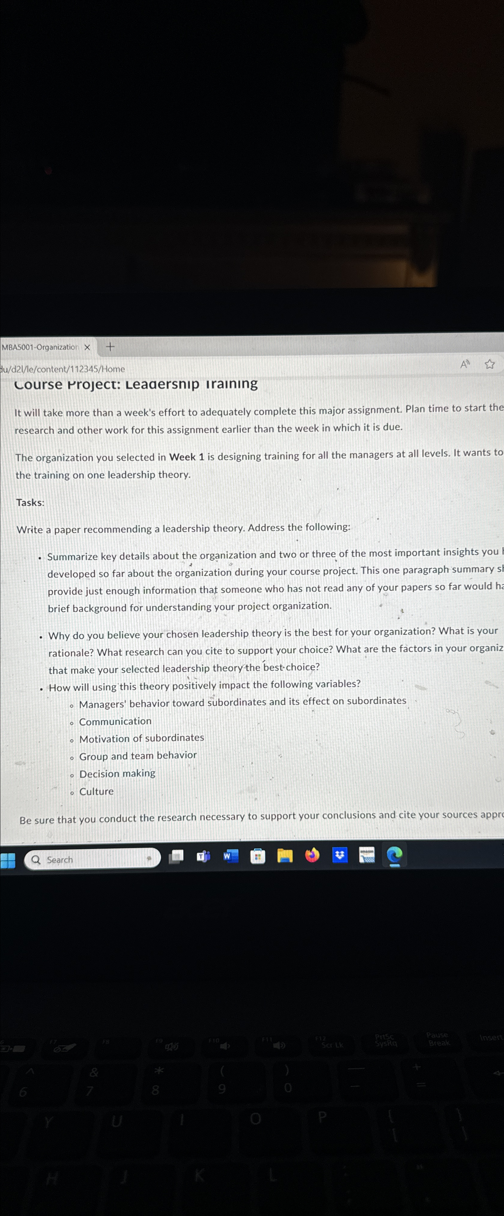  MBA5001-Organization x+ dud21le? content/112345/Home Lourse rroject: Leadersnp Iranng It will take