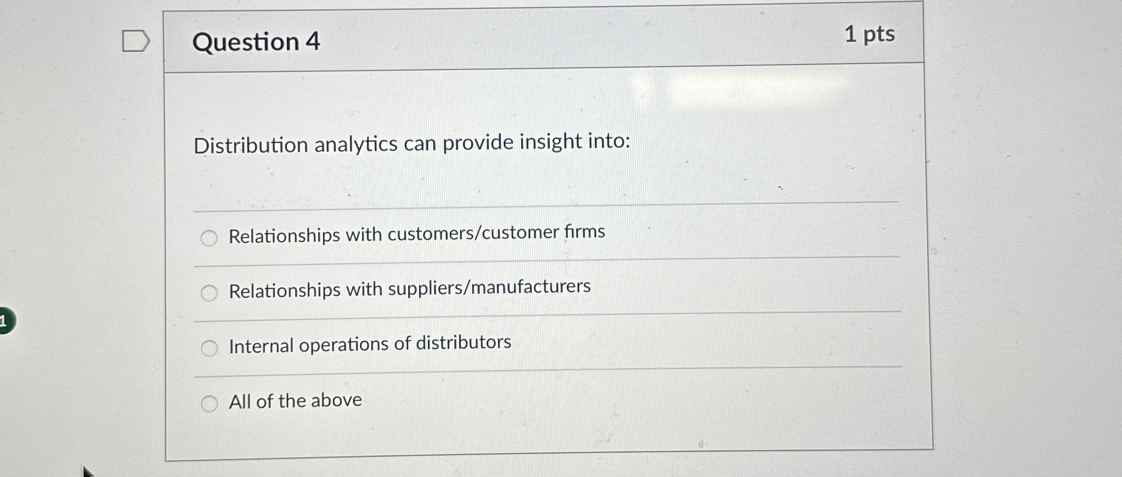  Question 4 1 pts Distribution analytics can provide insight into: Relationships