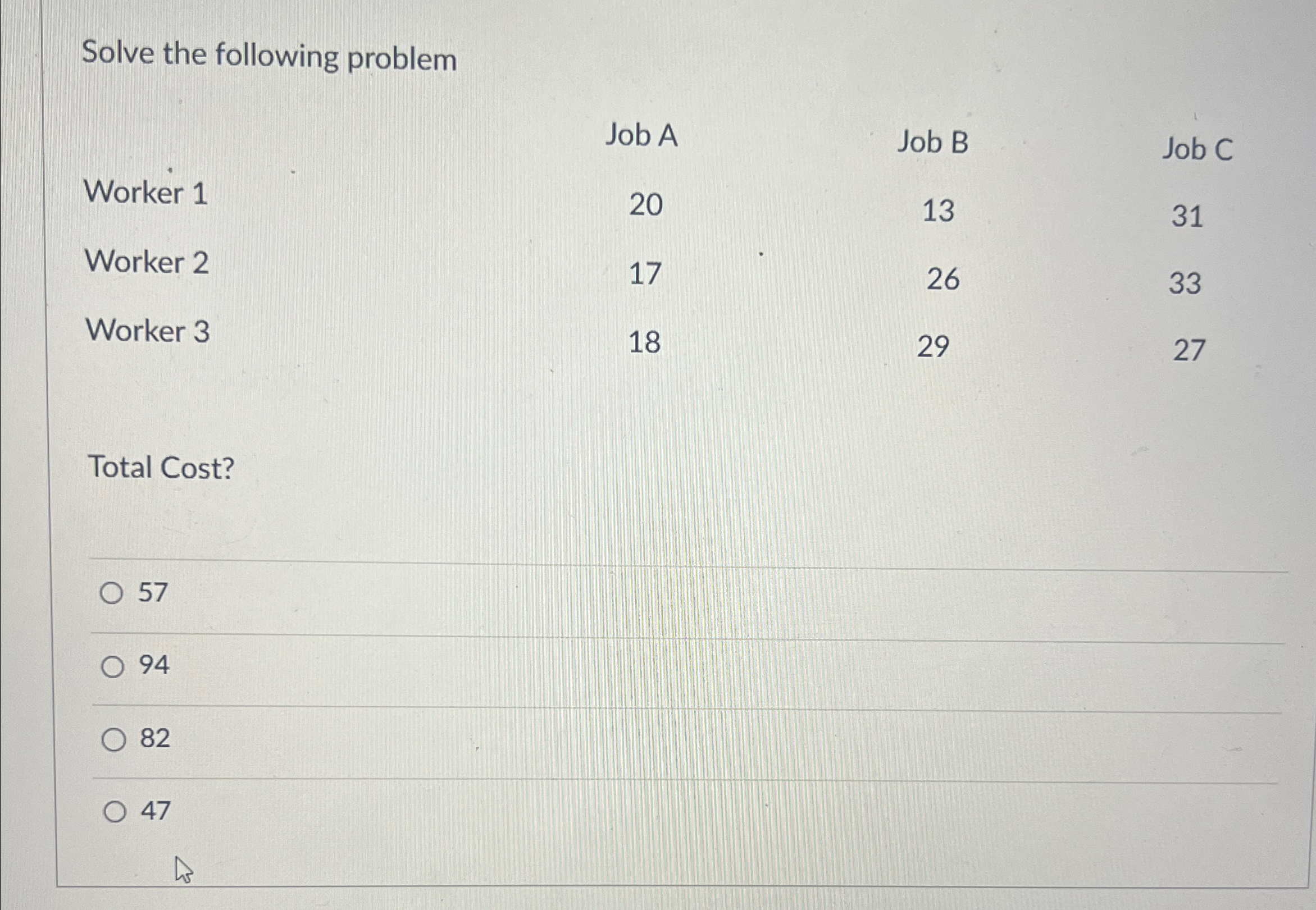 Solve the following problem \table[[,Job A,Job B,Job C],[Worker 1,20,13,31],[Worker 2,20,26,33],[Worker 3,17,29,27]]