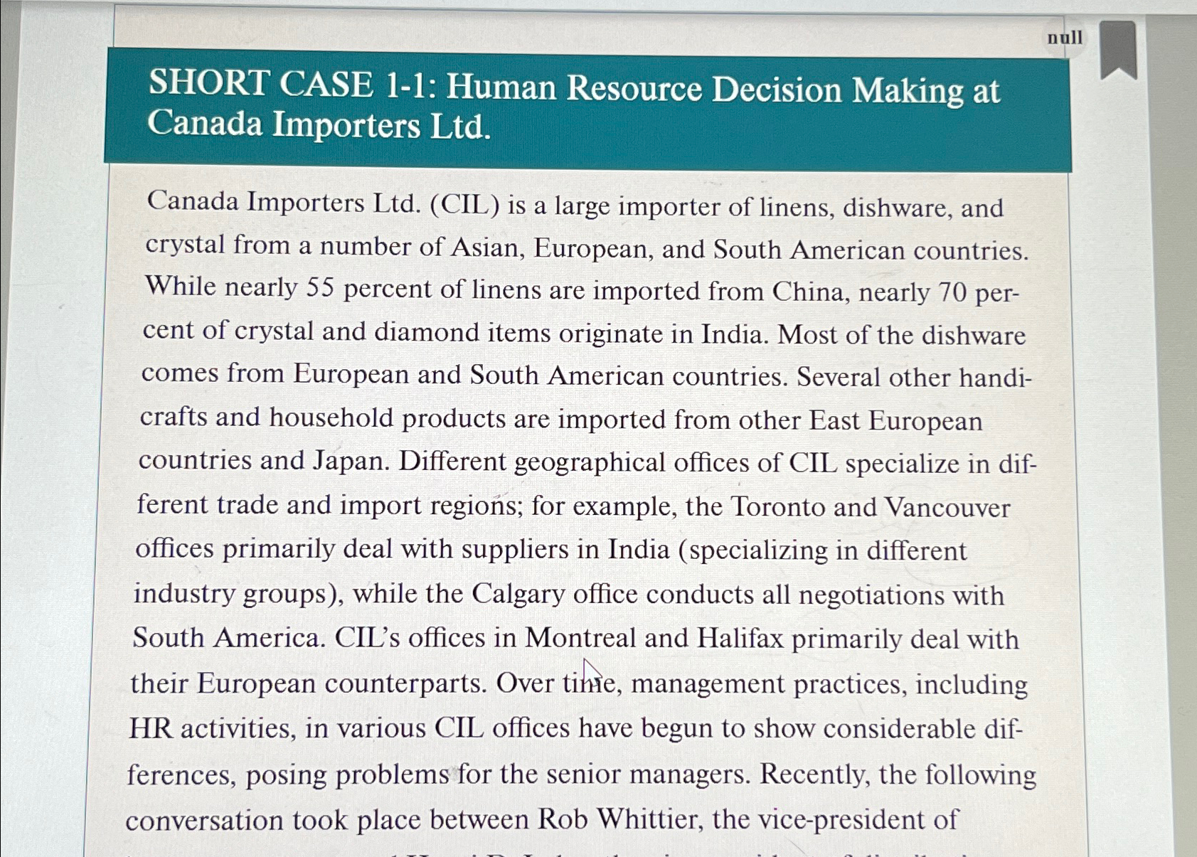  SHORT CASE 1-1: Human Resource Decision Making at Canada Importers Ltd.